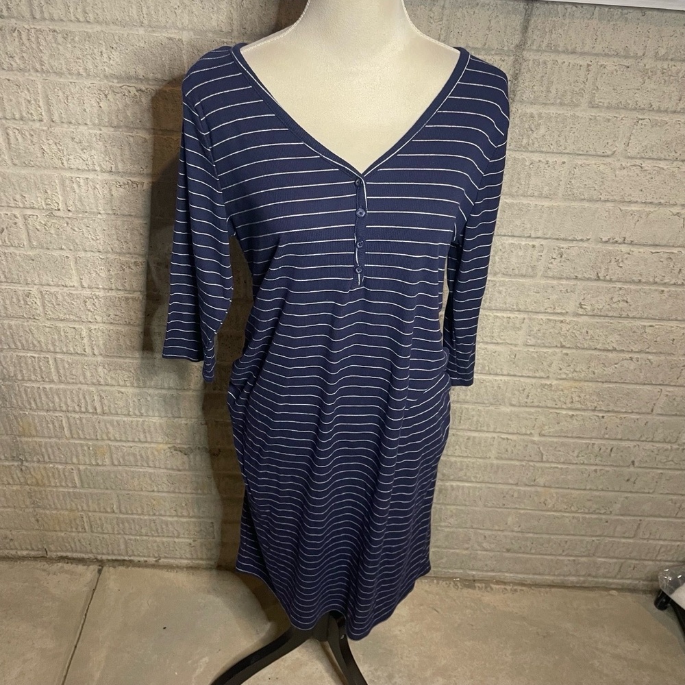 Isabel Maternity Navy Striped Ribbed V-Neck Shirred‎ Casual Dress Size Medium